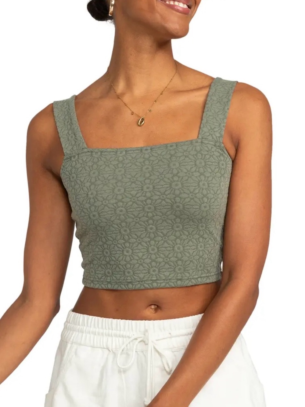 Roxy Sage Green Textured Eyelet Crop Tank Top Size Medium